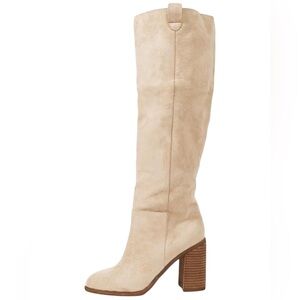 Beige Cream Light Tan Khaki Suede Knee High Block Heel Pull On Boots NEW